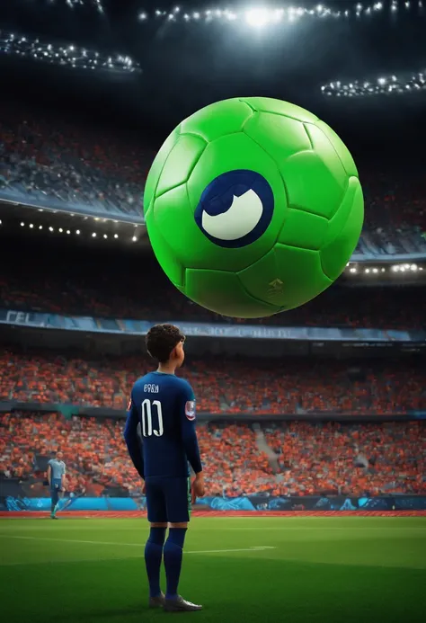 A goalkeeper looking at a ball in the dream stadium inspired by Pixar animation, de perto. The character takes center stage with captivating facial expressions, oferecendo um toque de irrealidade