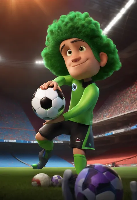 A goalkeeper looking at a ball in the dream stadium inspired by Pixar animation, de perto. The character takes center stage with captivating facial expressions, oferecendo um toque de irrealidade