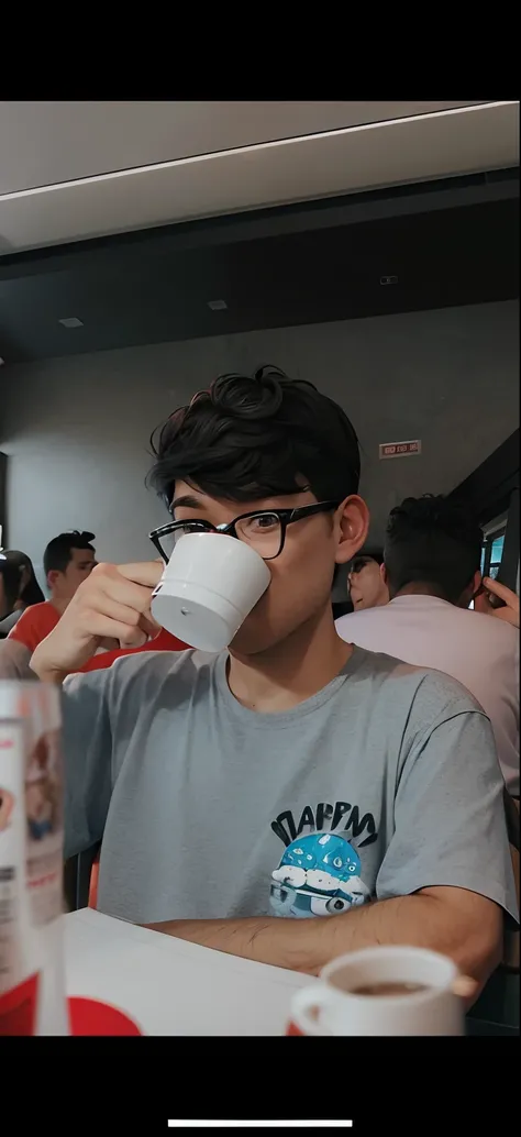 Theres a man sitting at a table drinking coffee out of a white cup, estilo pixar, camisa cinza com um desenho de skate, Man wears glasses and is happy