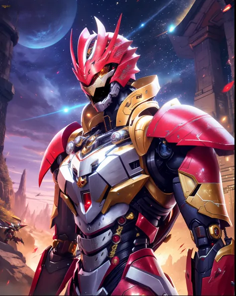 Close-up of a robot dressed in red and gold, high fantasy kamen rider, getter robo, kamen rider character, anime mech armor, anfas portrait of a mech warrior, char aznable album art, Red armor, high detailed official artwork, Mecha suit, Kamen Rider, Mobil...