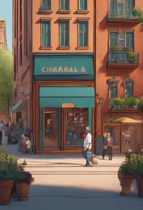 Pixar 3D-style drawing of a slimming clinic in the city center with a character in the foreground