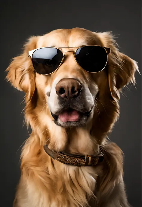 a high-quality studio photo of a golden retriever wearing sunglasses.