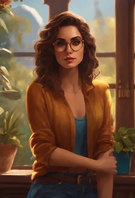 Criar um personagem no estilo pixar dentro de um jaleco. Character: brunette, hair tied up, glasses, golden frame