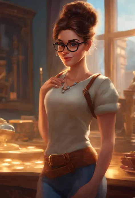 Criar um personagem no estilo pixar dentro de um jaleco. Character: brunette, hair tied up, glasses, golden frame