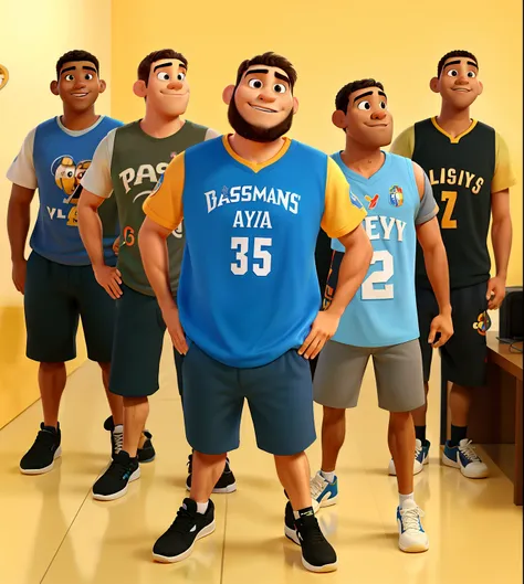 Homens estilo disney pixar, alta qualidade, Amigos, pagodeiros, musicians, com camisetas de basquete, camisetas NBA,poster no estilo pixar