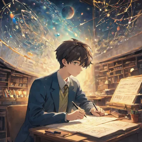 Energetic 23-year-old man, Immerse yourself in the world of physics. His eyes sparkle with curiosity and determination.、Dive into complex equations and theories. With a focused gaze, He delves into scientific research in state-of-the-art laboratories, Surr...