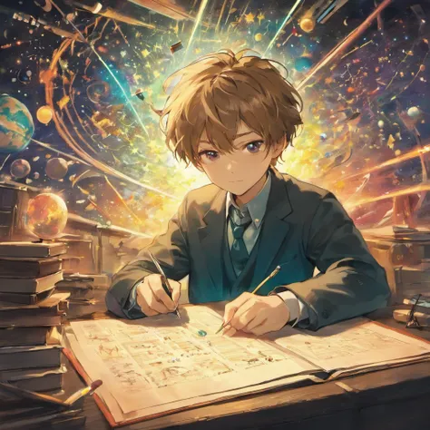 Energetic 23-year-old man, Immerse yourself in the world of physics. His eyes sparkle with curiosity and determination.、Dive into complex equations and theories. With a focused gaze, He delves into scientific research in state-of-the-art laboratories, Surr...