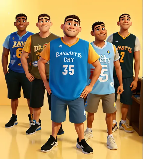 Homens estilo disney pixar, alta qualidade, Amigos, pagodeiros, musicians, com camisetas de basquete, camisetas NBA,poster no estilo pixar