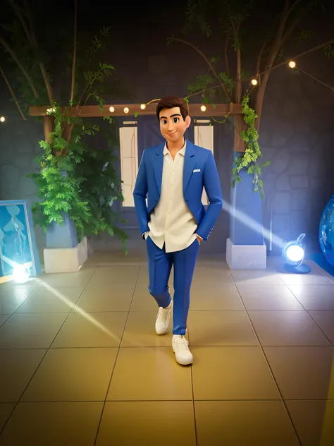 Menino de terno azul,caminhando, estilo pixar disney,alta qualidade,4k