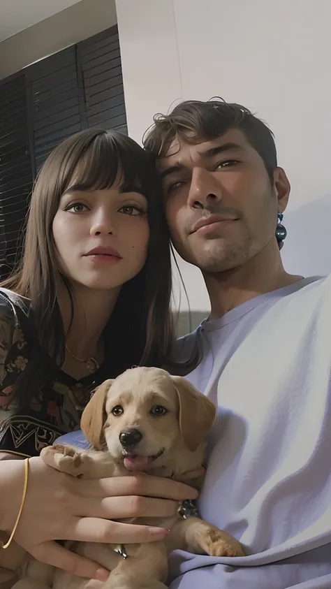 Hay un hombre y una mujer sosteniendo un cachorro en sus brazos, imagen de muy muy muy baja calidad, Charli Bowater y Artgeem, con perros, by Amelia Peláez, Retrato de alta calidad, son hermanos, por Caro Niederer, por Olivia Peguero, valentina revolver, p...