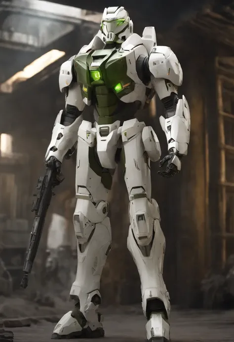 create a super realistic drawing of a 2-meter mecha armor, battle-worn white, wearing the armor is a man with short blond hair parted in the middle and combed back, green eyes, wide nose and stubble, tired expression on his face