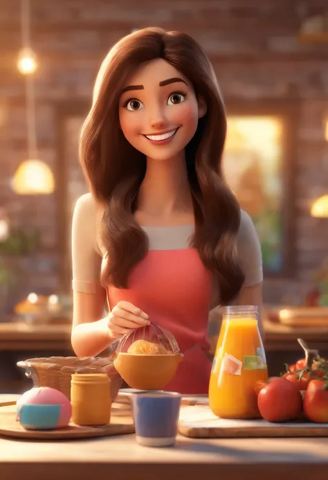 An illustration of an adorable brunette woman with beautiful brown eyes, and the womans hair is straight and black, Featured holding a breakfast basket. They are a store with a table with products from the basket, com um sorriso no rosto. Illustrate this s...