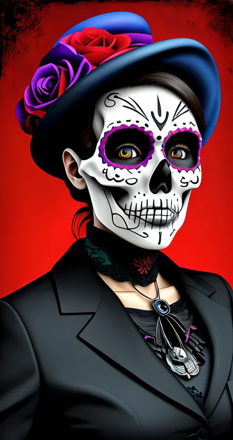 Masterpiece, digital photography, Portrait of a Woman, Skull Face Coloring, Day of the Dead, ultra realistis,