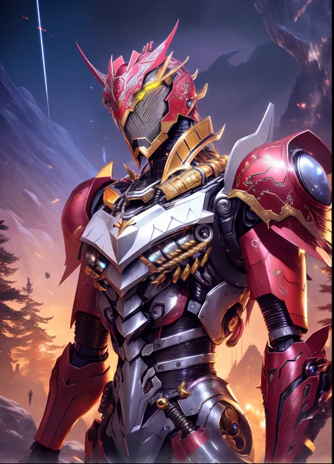 Close-up of a robot in red and gold armor, anfas portrait of a mech warrior, high fantasy kamen rider, intricate assasin mecha armor, intricate mecha armor, intricate glowing mecha armor, char aznable album art, Alexander Ferra Mecha, Red armor, draconic l...