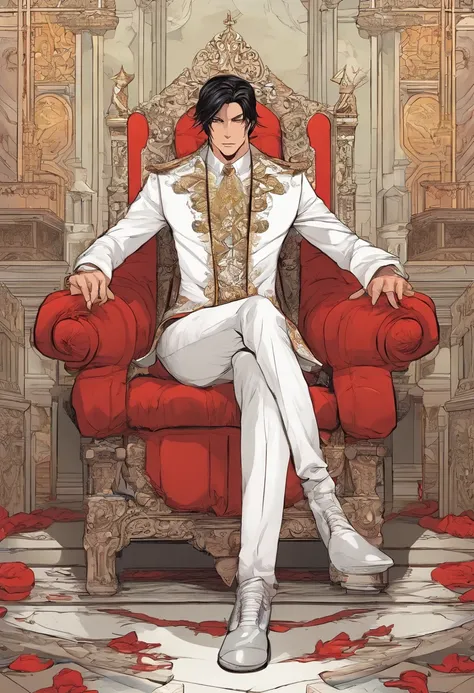 Um cabelo branco, Red-eyed prince sits on a majestic throne inside an abandoned palace. The environment around you is gloomy and gloomy, com rachaduras nas paredes e teias de aranha penduradas ali. The throne is ornate, com detalhes em ouro e pedras precio...