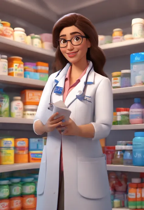 a 3d pixar disney style movie arafed woman in a pharmacy store holding a pill, chubby, Asian eyes, wearing a lab coat and glasses, pharmacy, Malika Favre, wearing a lab coat and blouse, wearing a lab coat, drug store, by Gina Pellón, In the background, by ...