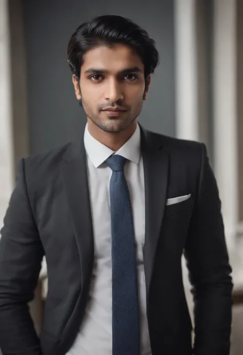 30-year-old Indian man with black hair in a business suit, retrato, Looking directly at the camera, head shoot, depilado