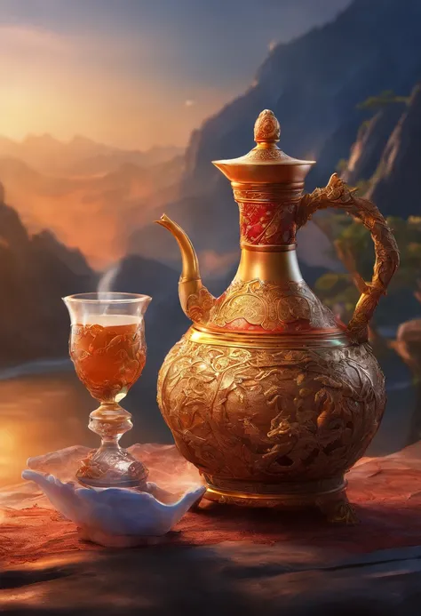 Best quality, Masterpiece, 超高分辨率, (Photorealistic: 1.4), RAW photo, （（best qualtiy，ultra-detailed CG image，tmasterpiece））， Create stunning artwork，Flame and Monkey King drink coffee， , Piping hot Chinese wine jug, , highly detailed digital artwork,  , High...