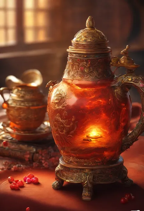 Best quality, Masterpiece, 超高分辨率, (Photorealistic: 1.4), RAW photo, （（best qualtiy，ultra-detailed CG image，tmasterpiece））， Create stunning artwork，Flame and Monkey King drink coffee， , Piping hot Chinese wine jug, , highly detailed digital artwork,  , High...