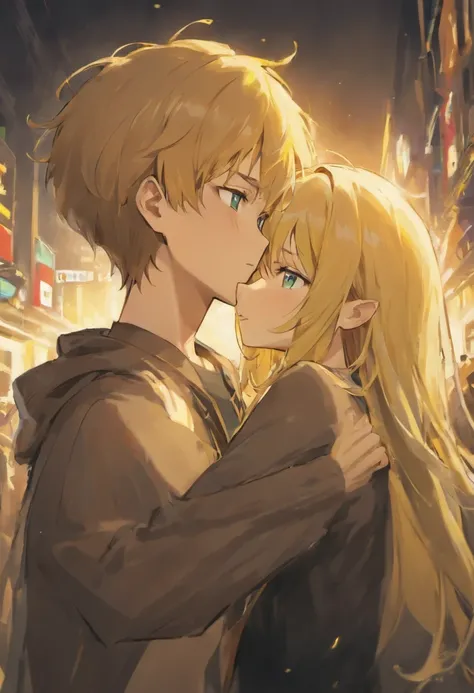 Boy, fair skin, yellow short hair, blue eyes,  girl, tan skin, black long hair, green eyes, hugging