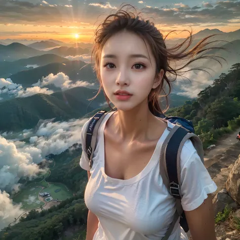 (Best Quality, hyper realistic photography), Magnificent mountain, sea of clouds, Woman watching sunset, selfee, ((Upper body)), white t-shirts, Trekking Shorts, trekking boots, rucksack, (ultra-delicate face, Super Beautiful Maid, Super delicate eyes, Ult...