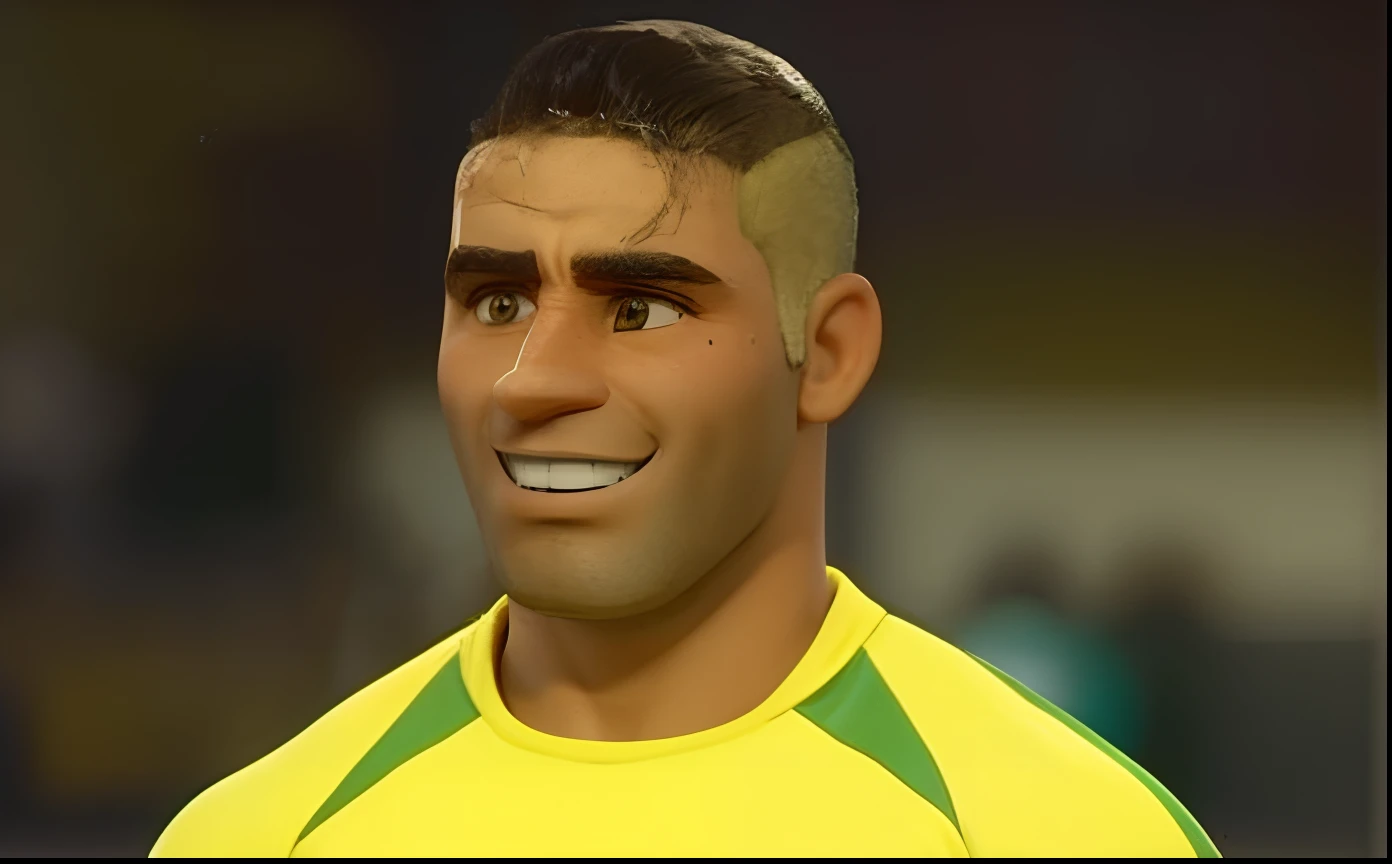 homem magro, toothy, cabelo raspado pela metade, pele parda e nariz italiano, camisa de futebol amarela