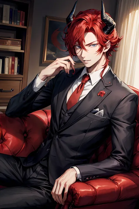 anime character with red hair and horns in a black suit, anime handsome man, beautiful  prince, tall anime guy with blue eyes, anime portrait of a handsome man, handsome japanese demon boy, handsome guy in demon slayer art, masculine prince, dapper dream d...