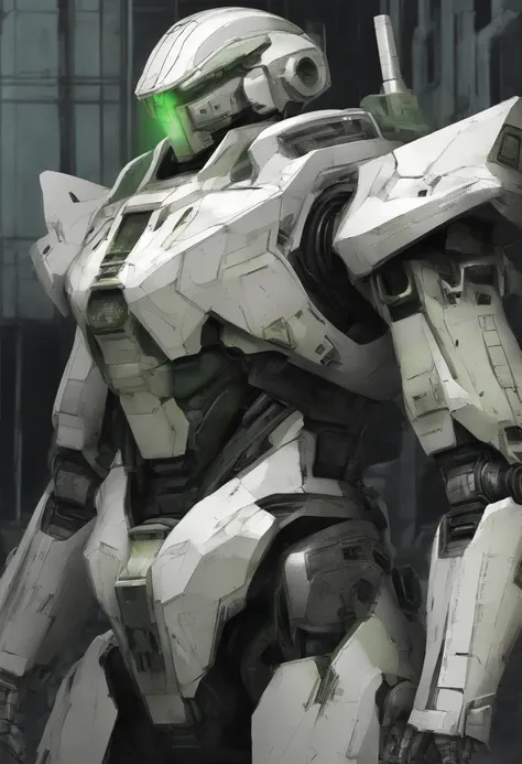 create a super realistic drawing of a 2-meter mecha armor, battle-worn white, wearing the armor is a man with short blond hair parted in the middle and combed back, green eyes, a wide nose and unshaven beard, a tired expression on his face, cyberpunk style