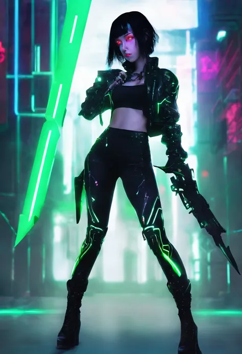 Girl, green eyes, black hair, cyber outift, swords, fighting, full body