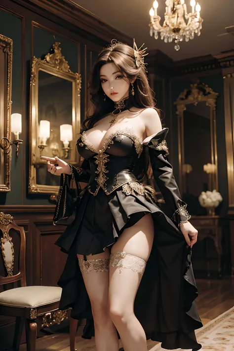 (Masterpiece, Best quality, Ultra detailed, absurderes)1.5, 1girll, (Sexy, Beautiful woman, Perfect face, Perfect eyes, Perfect female body, Huge breasts)1.5, (Masquerade balls are trendy, wig, Elaborate dress, Stockings, High heels, Full face mask, Covere...