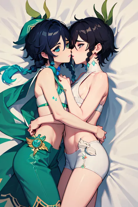 Dois Venti se beijando apaixonadamente na boca deitados em uma cama, usando roupas femininas e somente de calcinha, usando meias e salto alto, corpo inteiro, sexy