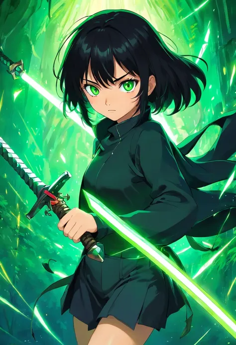 Girl, green eyes, black hair, cyber outift, swords, fighting, full body