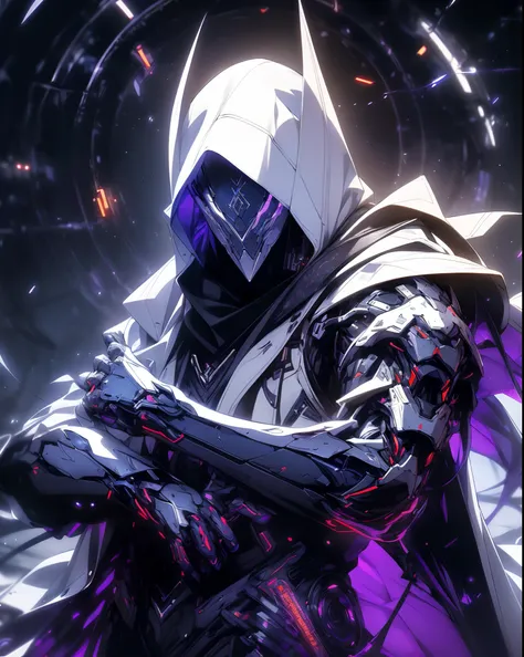 a man in a white jacket and black pants standing in a dark room, wearing cultist purple robe, purple attire, character from mortal kombat, as a character in tekken, fighting game character, cyberpunk assassin, red hooded mage, cyberpunk outfits, blue cloth...