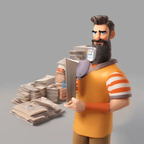 Criar um personagem no estilo Pixar. Trata-se de um homem de 30 anos, com barba, Branco, com cabelos castanhos curtos e um quiff, e olhos castanhos. Ele deve estar na frente de um computador, Trabalhar como designer