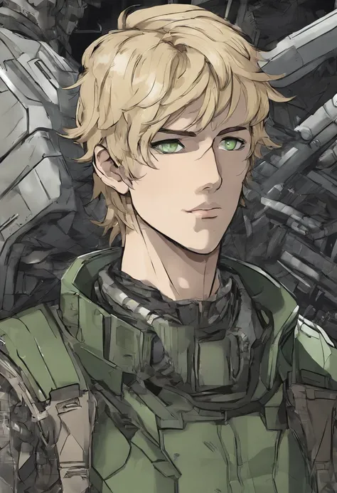 create anime style drawing of a man with short blonde hair parted in the middle and combed back, green eyes, wide nose and unshaven beard, tired expression on his face, cyberpunk style who wears a 2 meter mecha armor, old white with battle marks, on the ch...