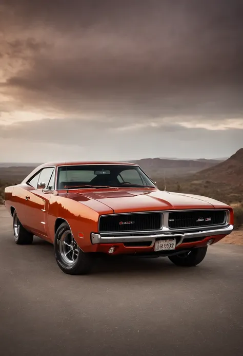 Crie uma cena tridimensional (3D) realista que deve ser inspirada no carro Dodge Charger RT 1969 estilizado saindo fogo da pintura. Make sure the image highlights the epic paint job and enhances the car so much, with realistic textures and dramatic lightin...