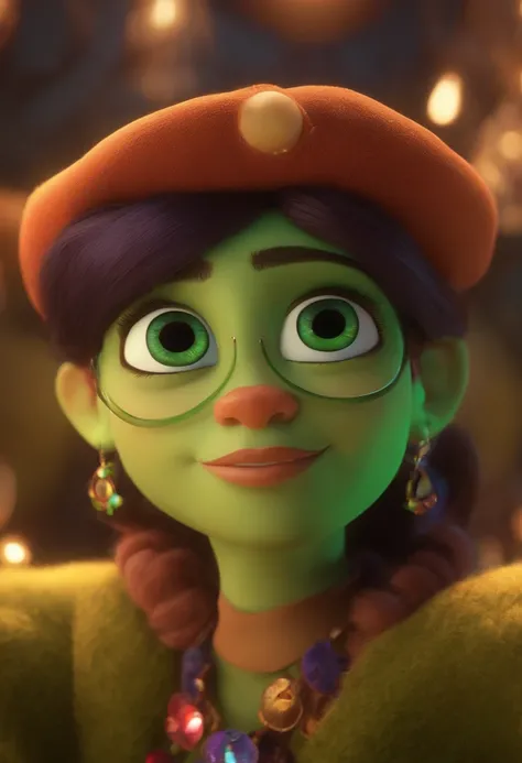 Imagem estilo Pixar com personagem 3D  mulher loira, cabelo cacheado curto olhos verdes, Maquiagem Disney ,Close-up, Pixar, Disney, Cinema lighting,