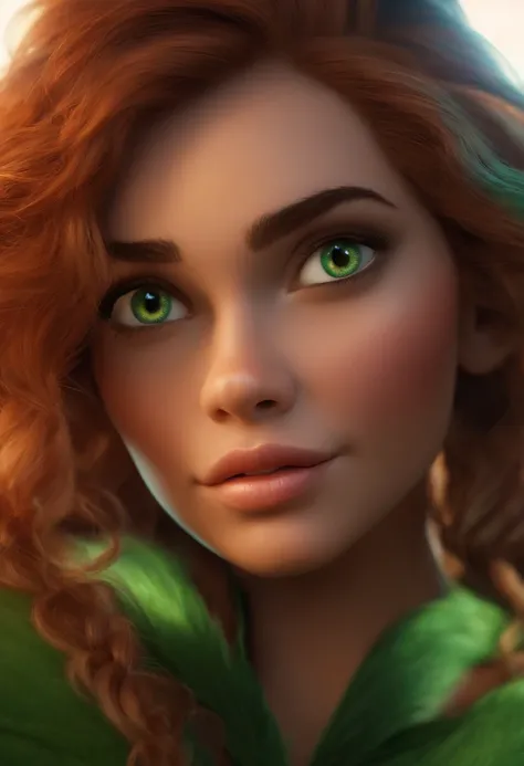 Imagem estilo Pixar com personagem 3D  mulher loira, cabelo cacheado curto olhos verdes, Maquiagem Disney ,Close-up, Pixar, Disney, Cinema lighting,