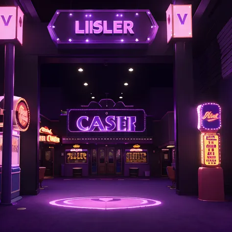 Pixar style. 3d 4k backdrop of a casino with purple lights, purple lilac lights, leds and a white led sign written DLK