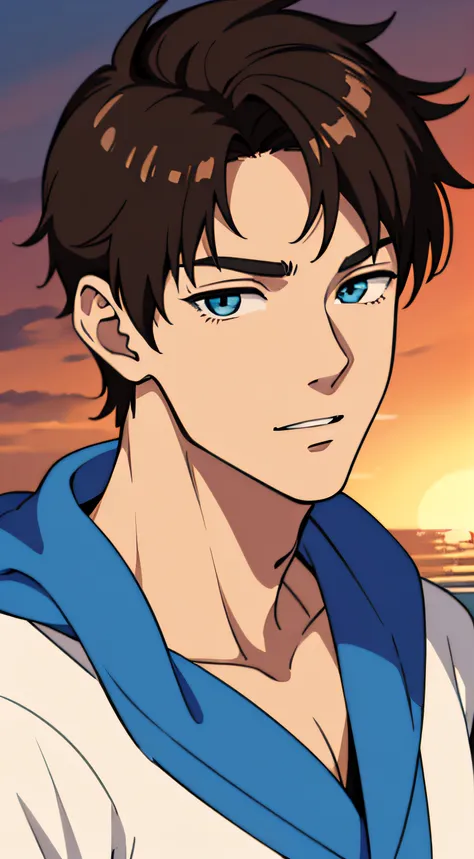 masterpiece, best quality, ultra high detailed,full-color, 1 boy, anime style, portrait shot of a handsome 19 year old male,at the beach, evening, dusk, the boy is very handsome, his face has perfect ratio, detailed face, very short hair, he is wearing swe...