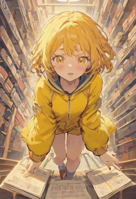 On the sports field, a yellow-skinned, long, curly-haired, freckle-prone girl jumped up in sportswear and held an English book in one hand，Thick coat，The light and shadow are intense