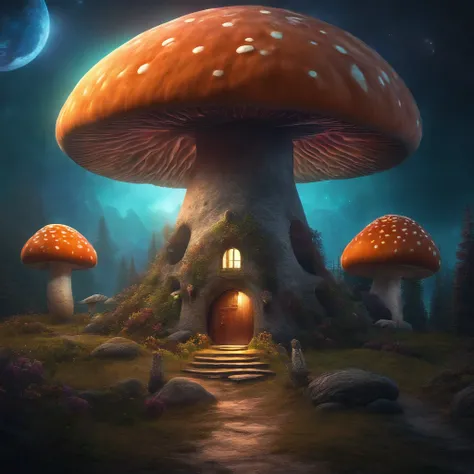 there are 3 men and 4 women around a campfire, at the top an extraterrestrial spacecraft, the environment is that of a psychedelic house in the middle of a nocturnal forest, there are giant mushrooms, elf fairies and rainbows, extraterrestrial beings of li...