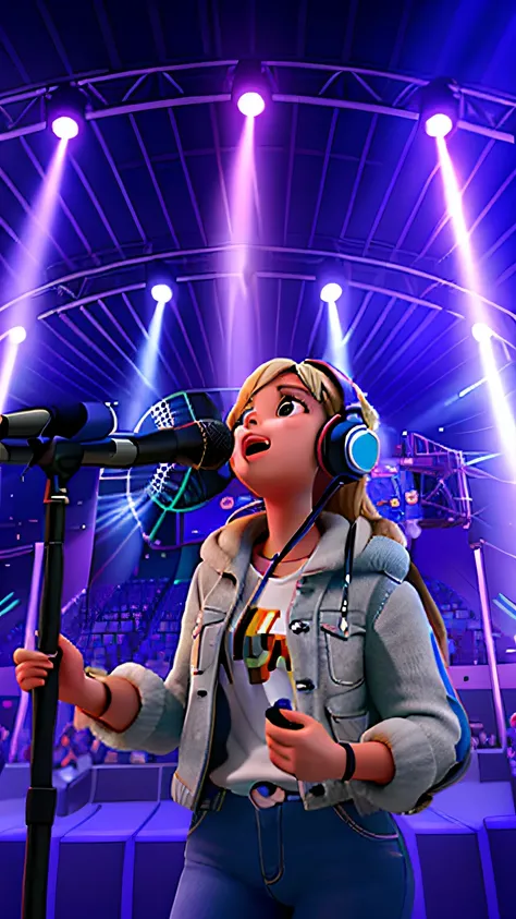 singer singing a song in concert, with professional headphones in her ear, party lights in the background, maximum quality, Style (Disney Pixar)