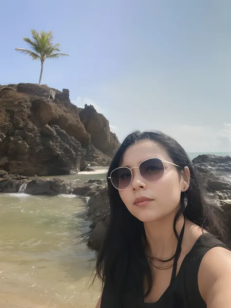 There is a woman standing on a beach with a palm tree in the background, em uma praia tropical, posando em uma praia com o oceano, O oceano ao fundo, paradise in the background, standing near the beach, na praia, Mulher de 30 anos, 3 0 anos de idade mulher...