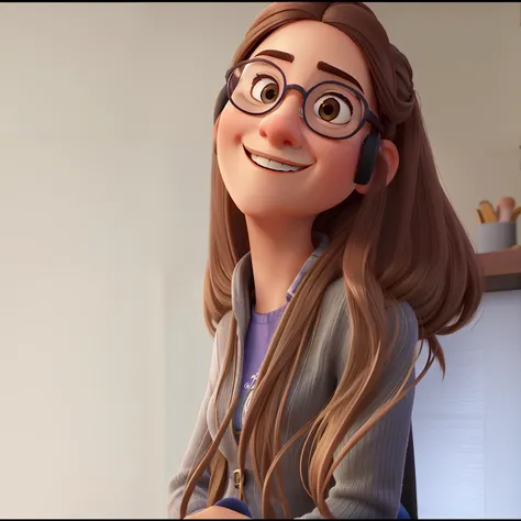 A woman with prescription glasses,cabelo castanho comprido, olhos castanhos, sorrindo, imagem Pixar,alta qualidade.