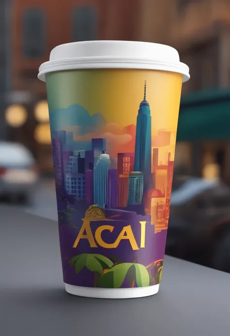 3d logo on a plastic cup with the name "Açaí from the Northeast " At the top of a city with buildings on a meda with many people looking