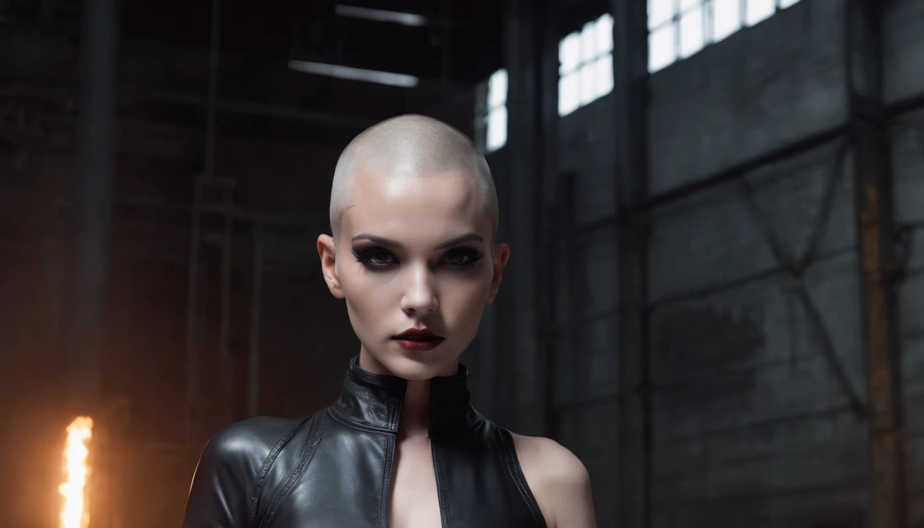 Shaved head woman dressed in leather leotard posing for a photo in an abandoned factory at night, black make-up, industrial fashion, techno fashion, industrial aesthetic, dark techno, dark atmosphere, ultra detailed, photorealistic, masterpiece.