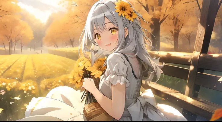 girl with,Light gray hair,Yellow eyes,Fluffy dresses,Autumn-ish clothes,Autumn scenery,Dress Sex,flower  field,Full of sunshine,Ushers,Upper eyes,Here you go,Smile while blushing,