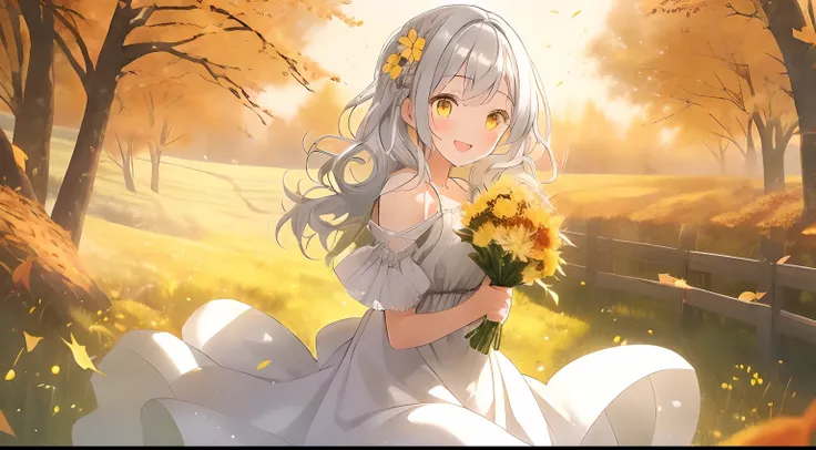 girl with,Light gray hair,Yellow eyes,Fluffy dresses,Autumn-ish clothes,Autumn scenery,Dress Sex,flower  field,Full of sunshine,Ushers,Upper eyes,Here you go,Smile while blushing,