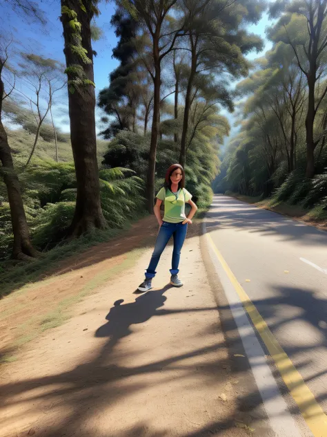 Um mulher alegre parado na frente, iluminado pela luz do sol, contra o pano de fundo de uma floresta